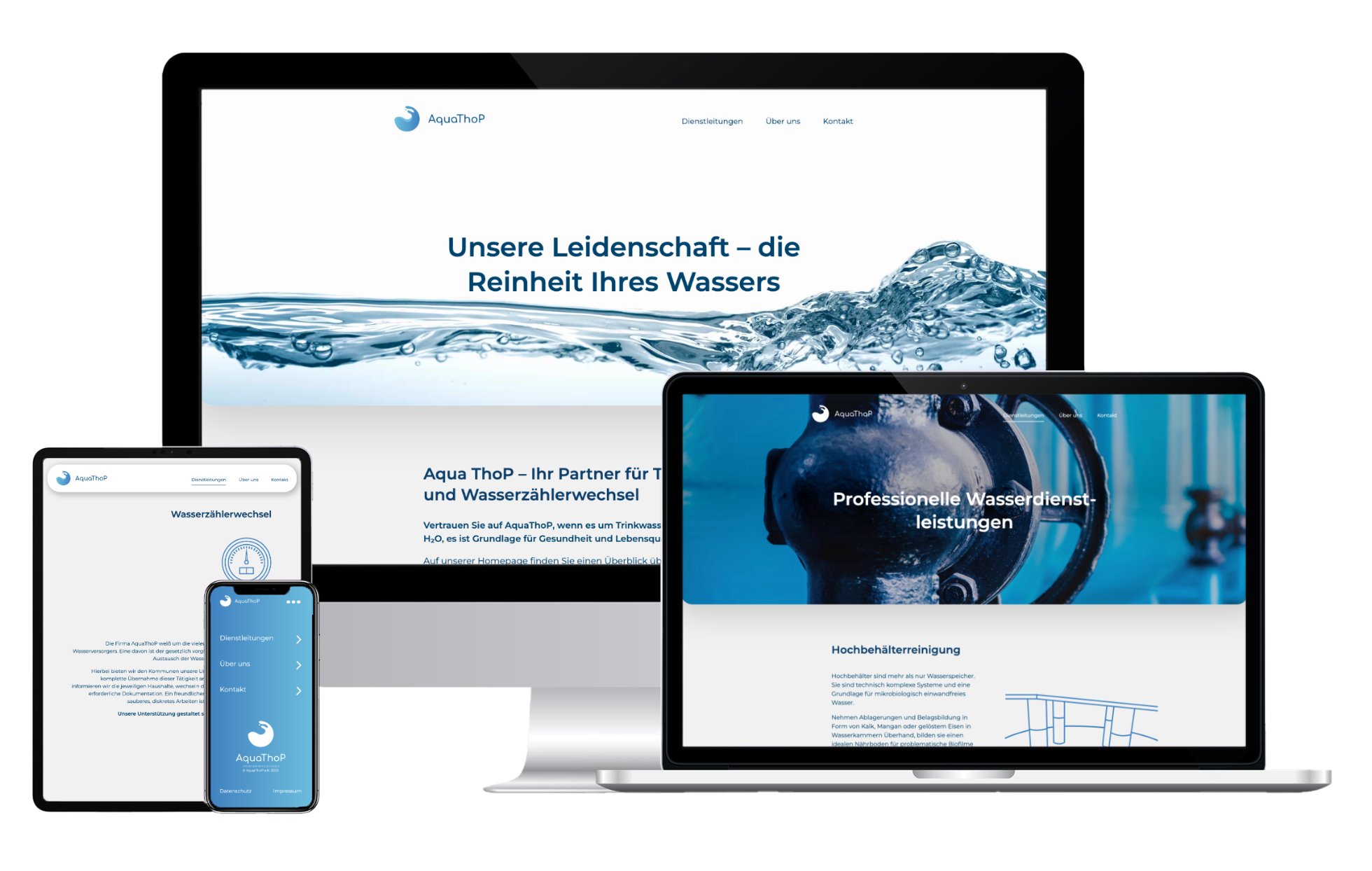 Mock-up der AquaThoP Website auf verschiedenen Endgeräten.