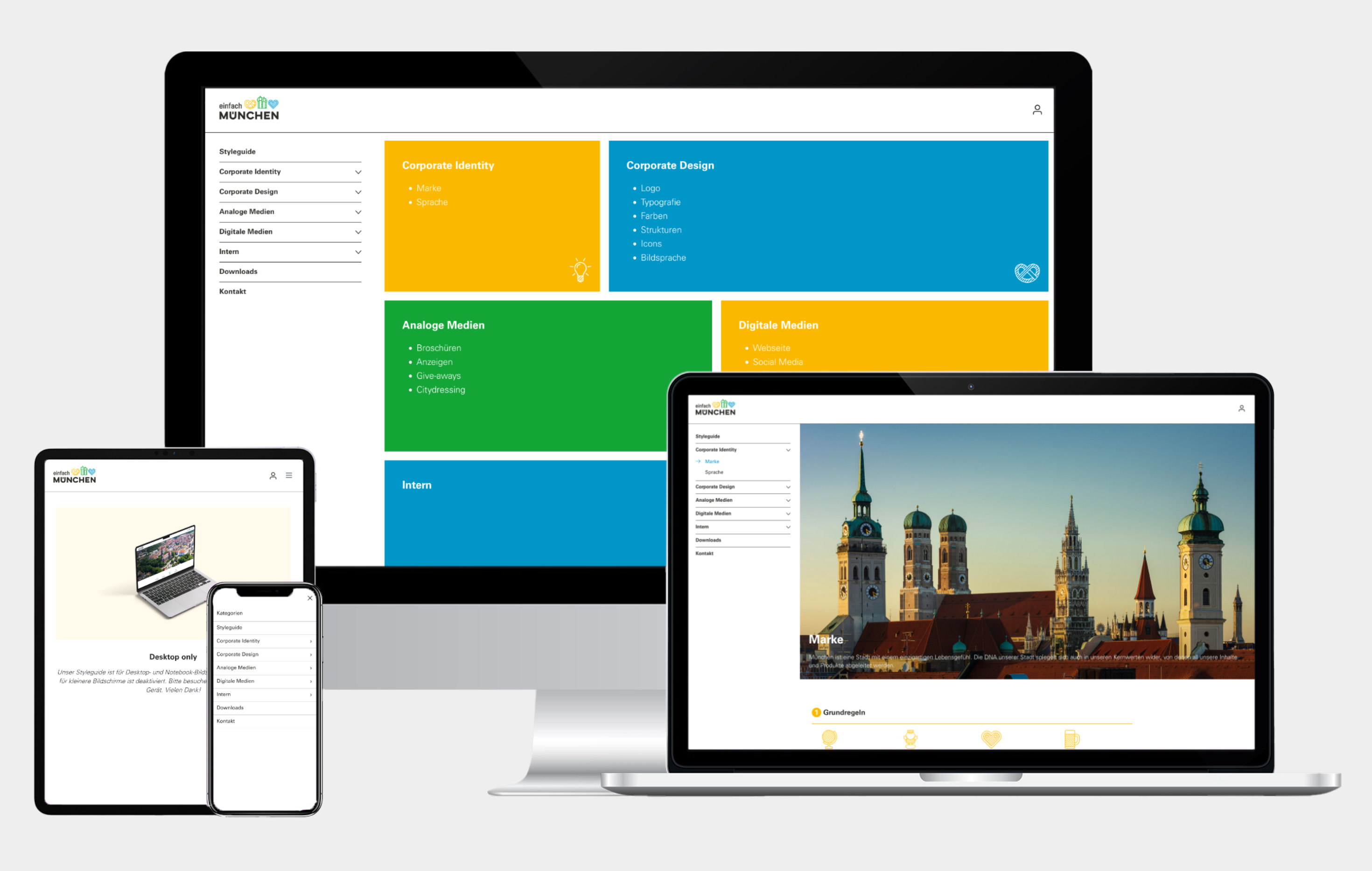 Mock-up des Styleguides München Travel auf verschiedenen Endgeräten.