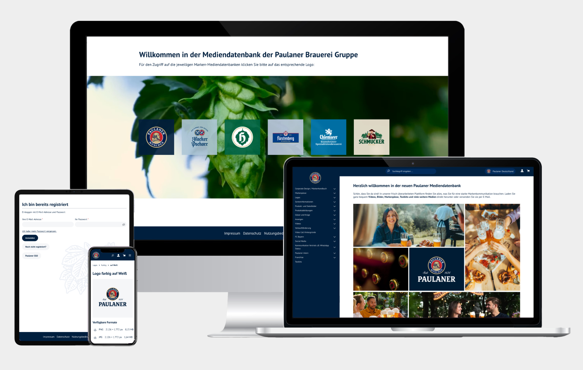Mock-up der Paulaner Mediendatenbank auf verschiedenen Endgeräten.