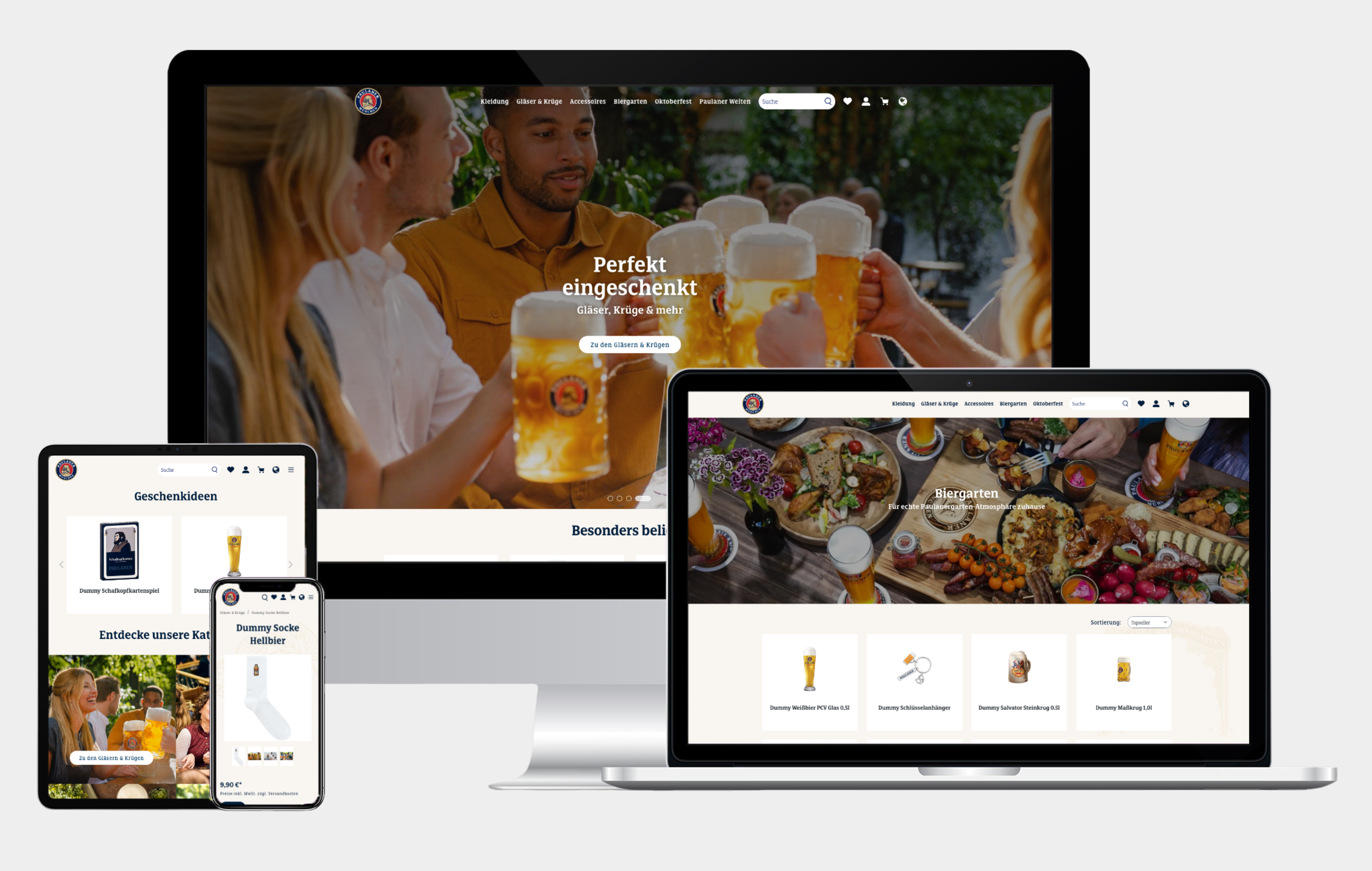 Mock-up des Paulaner Shop auf verschiedenen Endgeräten.