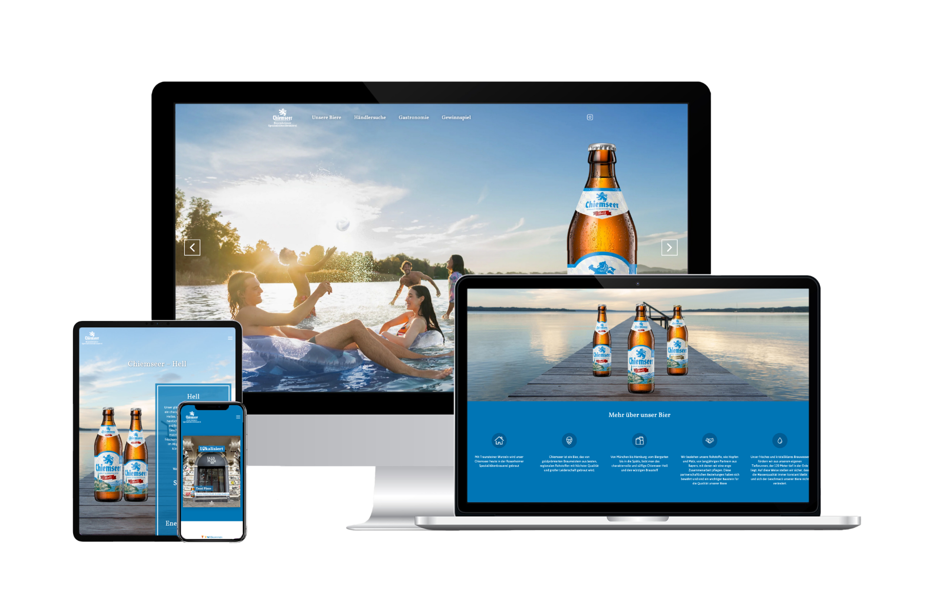 Mock-up der Brauerei Chiemseer Website auf verschiedenen Endgeräten.