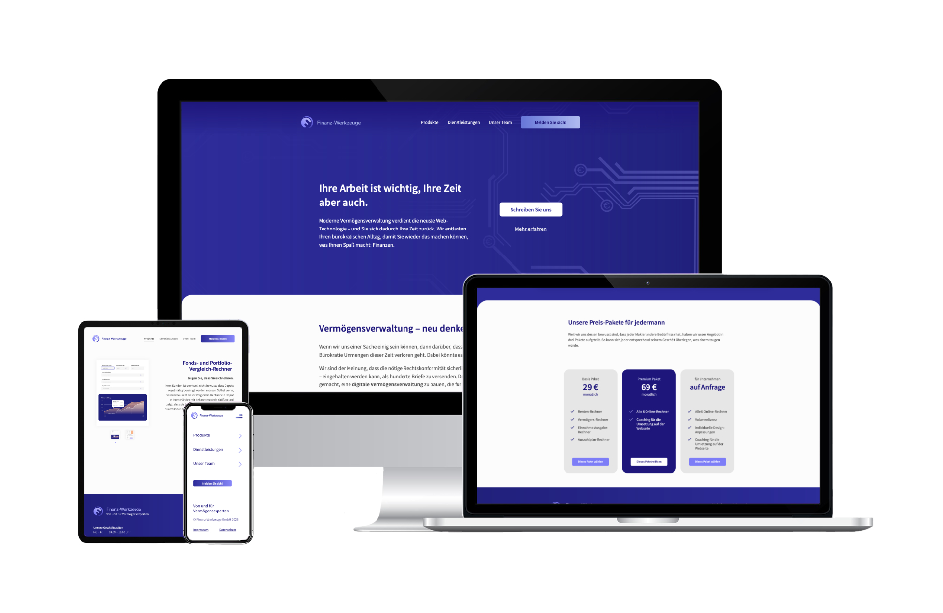 Mock-up der Finanzwerkzeuge Website auf verschiedenen Endgeräten.