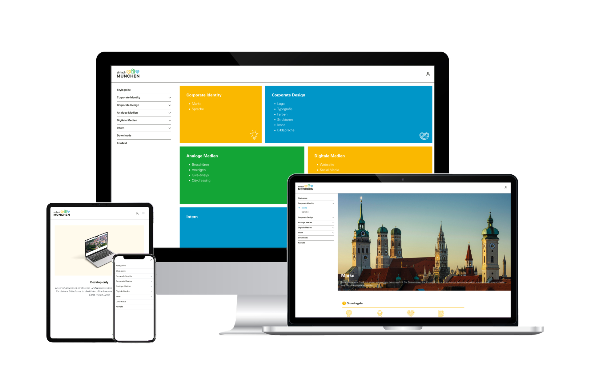 Mock-up des Styleguides München Travel auf verschiedenen Endgeräten.