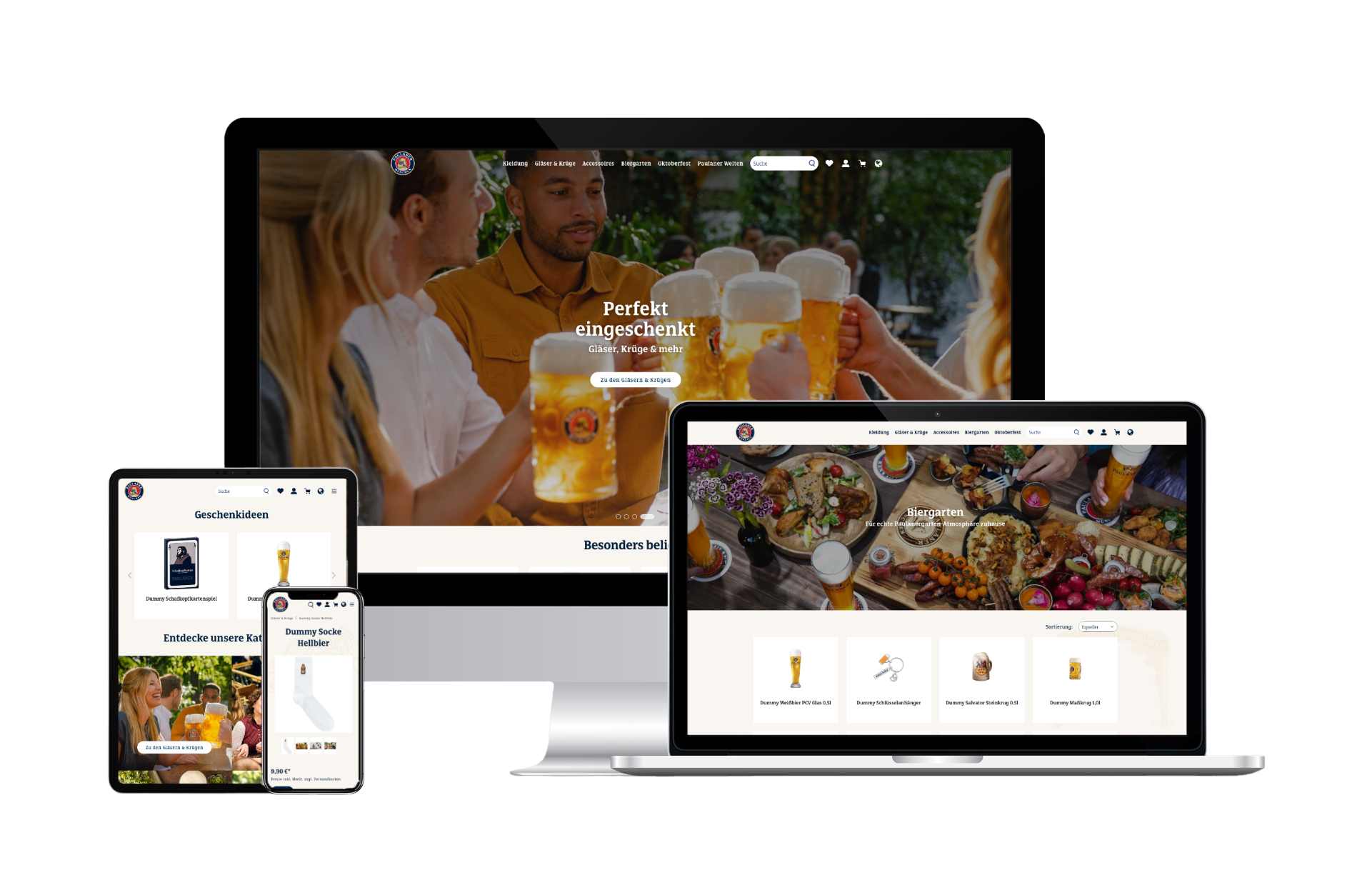Mock-up des Paulaner Shop auf verschiedenen Endgeräten.