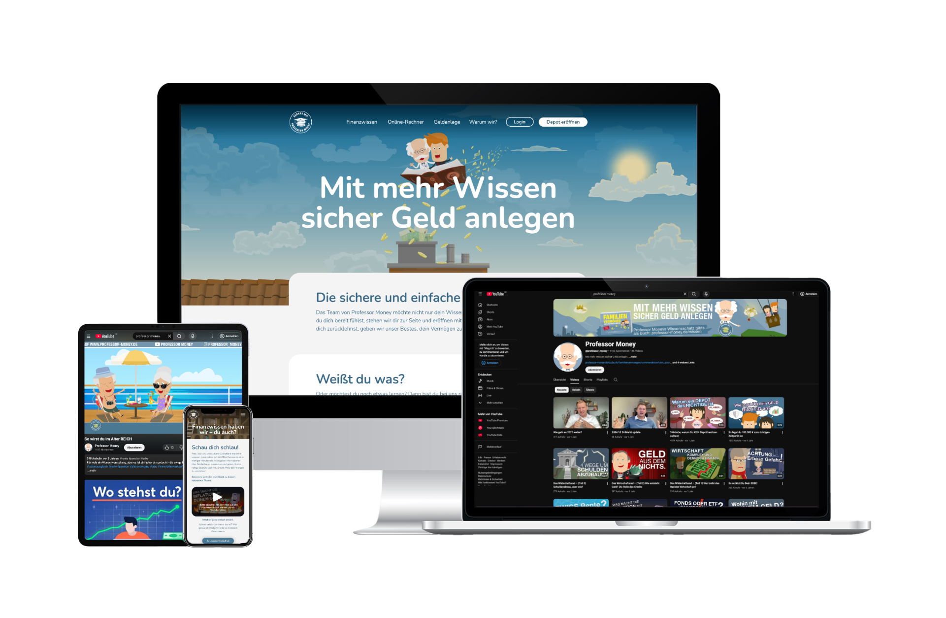 Mock-up der Professor Money Website und des YouTube-Kanals auf verschiedenen Endgeräten.
