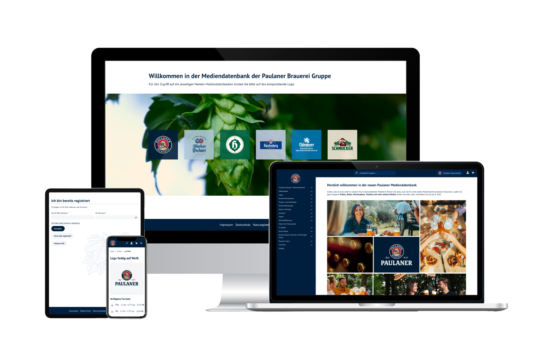 Mock-up der Paulaner Mediendatenbank auf verschiedenen Endgeräten.