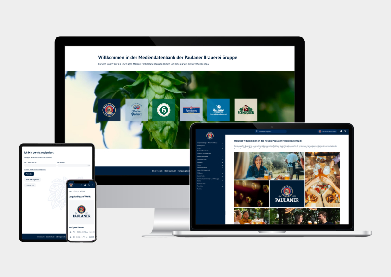 Mock-up der Paulaner Mediendatenbank auf verschiedenen Endgeräten.