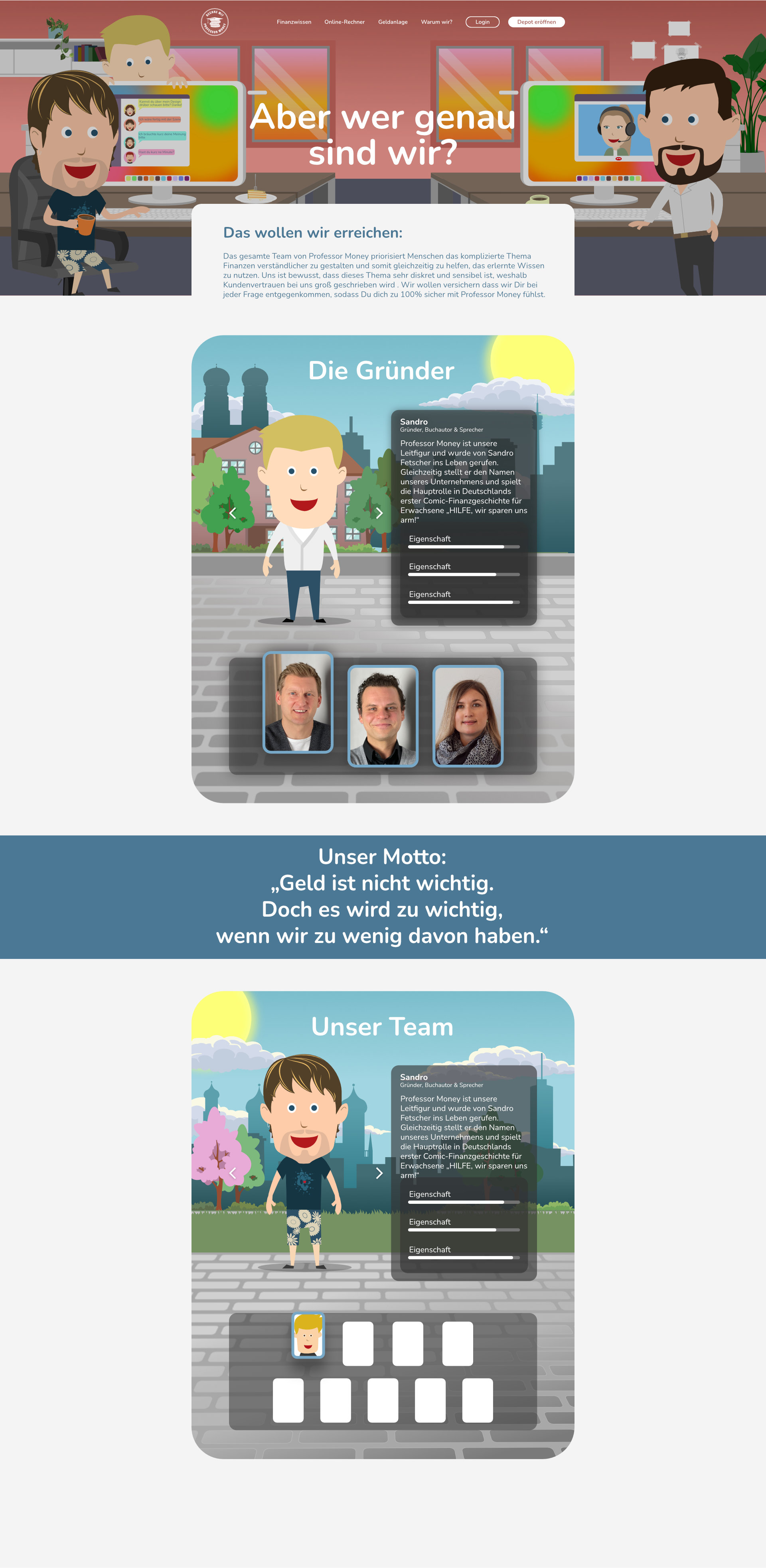 Unser-Team Seite der Professor-Money Homepage.